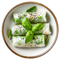 Delicious spring rolls with fresh greens and sesame served on a plate against a clean transparent background, Spring rolls food in a plate isolated on transparent background png