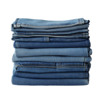 A neatly stacked pile of folded blue jeans in various shades on a plain background, stack of folded blue jeans, file of isolated object with shadow on transparent background png