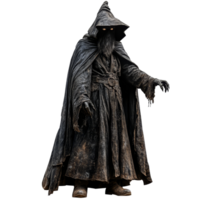 Scary sorcerer wearing a dark cloak and hood stands menacingly against a transparent background in a mystical setting, Scary Sorcerer Isolated on transparent background png