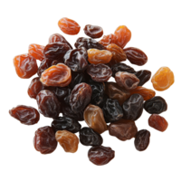 A heap of assorted raisins on a transparent surface highlighting their diverse colors and textures, raisins on isolated png