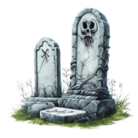Detailed illustration of two eerie tombstones surrounded by grass on a transparent background, tombstones, file of isolated object on transparent background png