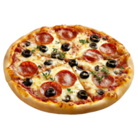 Freshly baked pepperoni pizza with olives and herbs displayed on a clean transparent background, pizza isolated on transparent background png