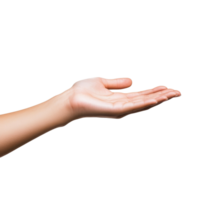 A womans hand extended and open, ready to hold or present something against a plain transparent background, woman hand holding somethingisolated on transparent background png