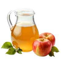 Fresh apple juice in a glass jug with red apples on a transparent background, A jug of apple juice with red apples isolated on transparent background png