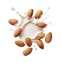 Almonds surrounded by a splash of milk on a transparent background showcasing freshness and health, Almonds with milk splash isolated png