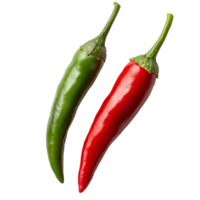 Vibrant red and green chili peppers lie side by side on a clean transparent background ready for culinary use, Red and Green Chili Peppers on transparent background png