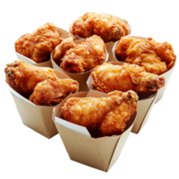 Crispy fried chicken pieces served in paper containers on a transparent tabletop for a delicious meal experience, Crispy Fried Chicken in Paper Containers on transparent background png