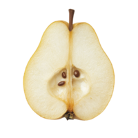 Fresh pear slice isolated on a clean transparent background showcasing its texture and seeds in detail, Pear slice isolated on transparent background png