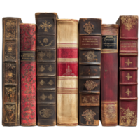 Vintage books with intricate bindings arranged on a transparent background showcasing classic literature styles, Vintage Book s in Various Bindings on transparent background png