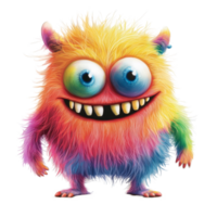 Colorful furry monster character with big eyes and a cheerful expression standing out against a transparent background, Colorful Furry Monster Cartoon Character on transparent background png