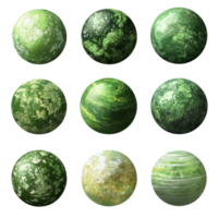 Exploring a collection of vibrant green planets showcasing unique textures and patterns in a fantasy, Set Green Planets, Fantasy Celestial Bodies with Unique Textures, Isolated on transparent png