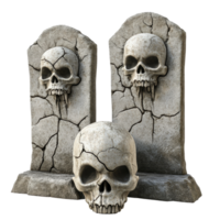 Three haunted tombstones featuring cracked surfaces and skulls, perfect for Halloween decor and spooky settings, Three Haunted Tombstones with Skulls and Cracks Isolated on transparent background png