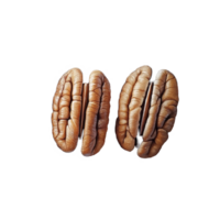 Two pecan nuts split open on a rustic wooden surface showcasing their textured interior and rich brown color, two pecan nuts png