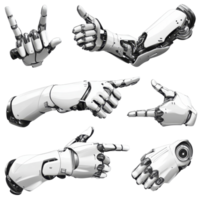 Futuristic robot hands performing hand gestures demonstrating positivity and communication, Set Robot Hands Giving Thumbs Up, Futuristic Cybernetic Gestures, Isolated on transparent background png