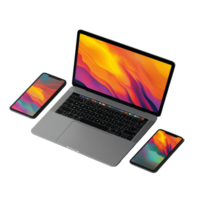 Modern workspace featuring a laptop, tablet, and smartphone with vibrant abstract backgrounds during daylight hours, Laptop, tablet and smartphone png