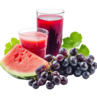 Refreshing watermelon and grape juices presented on a clean transparent background during a bright summer day, Watermelon and grapes juices on isolated transparent background png