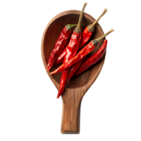 Cayenne pepper pods resting in a wooden spoon against a bright transparent background showcasing vibrant colors and natural textures, Cayenne pepper in wood spoon on transparent background png