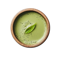Freshly prepared instant matcha green tea in a wooden bowl with a leaf garnishing the top, instant matcha green tea in wood bowl with leaf on transparent background png