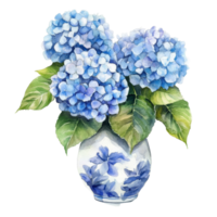 Elegant watercolor hydrangea bouquet in a decorative vase with vibrant blue flowers and lush green leaves, hydrangea flowers with vase isolated on transparent background. hydrangea flower transparent png