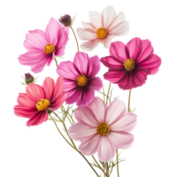 A vibrant arrangement of cosmos flowers in soft pink and deep purple hues isolated on a transparent background, cosmos flowers in a floral arrangement isolated on transparent background png