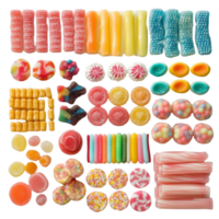 A colorful selection of various sweet candies arranged neatly on a smooth transparent surface, Different types of colorful sweet candy on a transparent background png