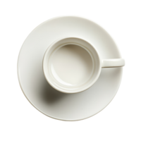 Empty porcelain cup with saucer viewed from above on a clean transparent background, Top view of empty porcelain cup with saucer isolated on transparent background png