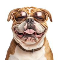Happy bulldog wearing sunglasses enjoy sunny vibes on a transparent background, Funny Happy Bulldog with Sunglasses on transparent background png
