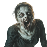 A terrifying female zombie screams in horror against a transparent background, showcasing chilling details and expressions, Terrifying Female Zombie on transparent background png