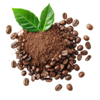 Instant coffee grains and fresh leaves arranged on a transparent background highlighting the essence of coffee cultivation, coffee grains. instant coffee and leaves on transparent background png