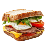 Delicious beef and egg sandwich with fresh vegetables on toasted bread against a clean transparent background, sandwich of beef and eggs isolated on transparent background png