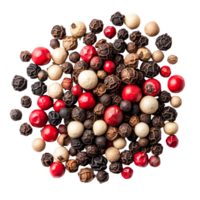A vibrant assortment of assorted peppercorns showcasing a blend of colors and textures on a transparent background, Isolated pile of assorted peppercorns png