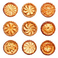 A beautiful collection of apple pies displayed in a top view on a transparent surface, showcasing unique designs and baked perfection, Apple pies top view isolated on transparent background png