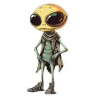 A quirky alien illustration standing on a transparent background, showcasing its unique style and playful demeanor under bright lighting, Cool Alien illustration on transparent background png
