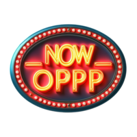 Brightly illuminated Now Open LED sign with vibrant colors showcasing business availability in a modern setting, Now Open led sign isolated Stock Illustration png