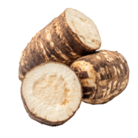 Taro root with slices showing texture on a clean transparent background for culinary use and nutrition information, Taro root isolated on transparent background png