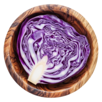 Freshly sliced purple cabbage in a wooden bowl on a transparent background, slice purple cabbage in wood bowl isolated on transparent background png