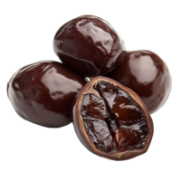 This display features chocolatecoated jujubes, highlighting their smooth, shiny surface and the rich filling revealed by the split fruit, chocolate jujube on transparent background png