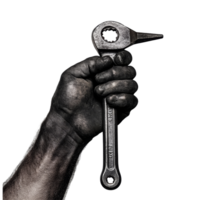 A black hand grips a heavyduty wrench against a clean transparent backdrop during daytime work, Black Hand Holding Wrench on transparent background png