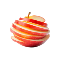 A crisp red apple is meticulously sliced in a spiral shape, revealing its pale interior and vibrant skin, sliced apple isolated on transparent background png