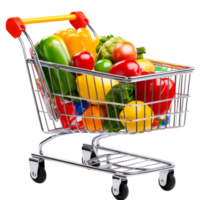 Full shopping cart with colorful fresh vegetables and fruits ready for checkout at a grocery store, file no background Full shopping cart png