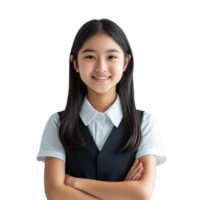 Cheerful Asian student girl with braces in school uniform poses confidently in a bright classroom setting, Happy braces Asian student girl in school uniform arm crossed png