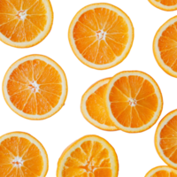 Freshly sliced orange segments arranged on a clean transparent background showcasing their vibrant color and texture, Slices of orange on transparent background png