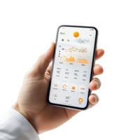 Forecasting weather in Lodz, Poland for May with detailed climate insights on mobile device, Lodz, Poland May 14 2025 Weather forecast application, mobile app in hand isolated on transparent png