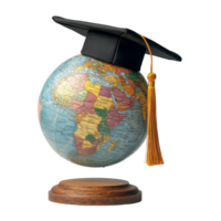 A colorful globe adorned with a graduation cap and tassel on a plain transparent background signifying academic achievement, Graduated Globe with Mortarboard on transparent background Global Education png