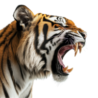 Angry tiger roaring in profile view with a transparent background showcasing its fierce expression, Angry Tiger Profile View on transparent background png