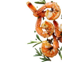 Cooked shrimps garnished with herbs resting on a clean transparent background, showcasing their succulent texture and vibrant color, Cooked shrimps on transparent background png