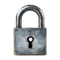 Front view of a metallic padlock with a keyhole displaying robust design and durability in a neutral setting, metallic padlock with hole front view isolated on transparent background png