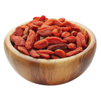 Dried goji berries in a wooden bowl against a transparent background for healthy snacking or culinary use, dried goji berries in wood bowl transparent background png