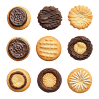 Delicious assortment of nine unique cookies arranged on a transparent background for enticing baking inspiration, single cookie top view isolated on transparent background png