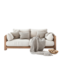 Elegant comfortable sofa with plush pillows and cozy blanket on a minimalistic transparent background in a serene living space, Comfortable sofa on transparent background png